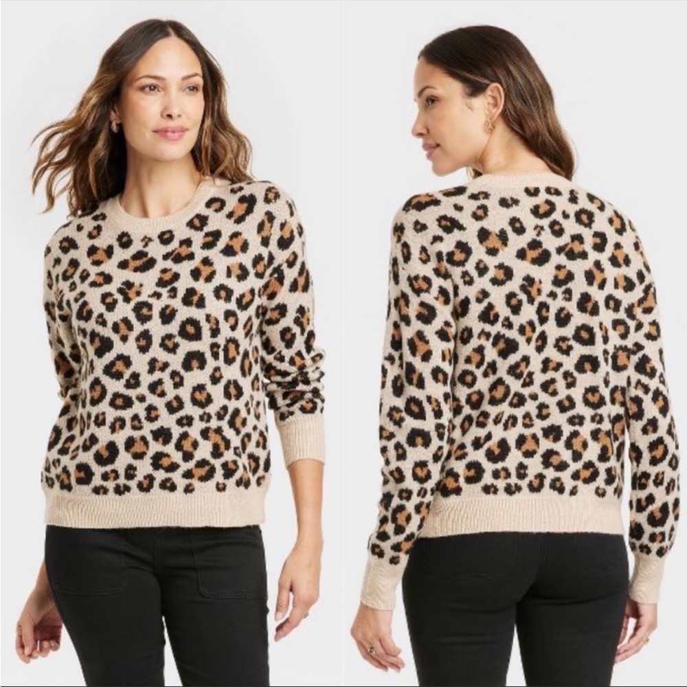 KNOX ROSE Crewneck Sweater in Leopard Print NWT Size Medium